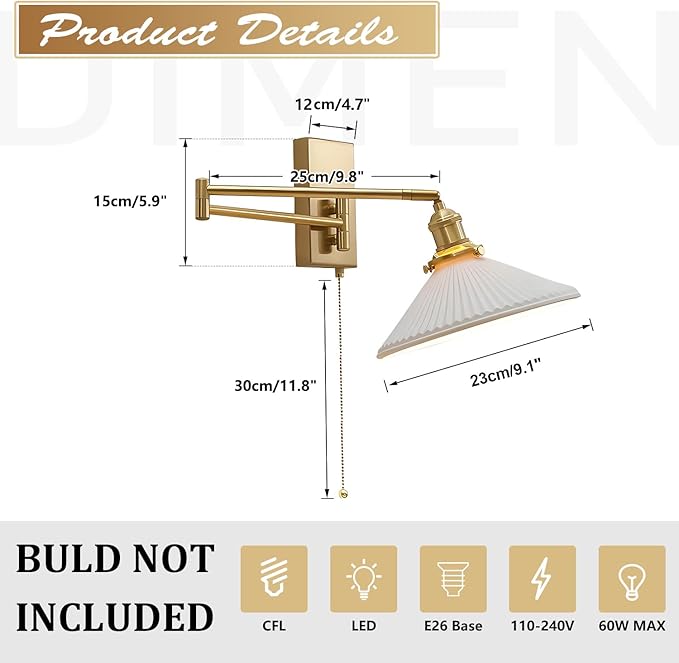 Vintage Milk Glass Wall Sconce Modern Rushed Brass Swing Arm Wall Light Mid Century Gold Wall Sconce with Pull Chain Wall Mounted Light Fixture White Ceramic Wall Lamp for Bedroom MWL14A-1