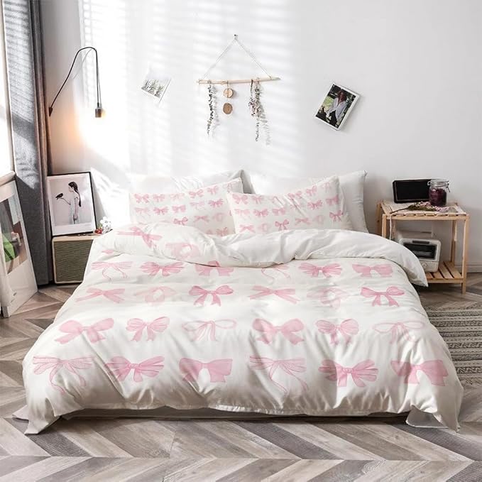 Trendy Pink Bows Duvet Cover Full King Size Pink Bowknot Bed Cover Dreamy Princess Style Kids Girls Soft Bedding Set for Adults Teens Funky Preppy Girly Room Decor Coquette Decor 104"x88"