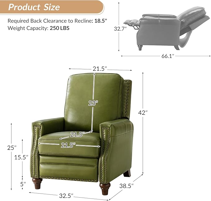 HULALA HOME Genuine Leather Recliner Chair Set of 2, Classic Push Back Recliner Armchair with Thick Seat and Backrest (Olive)