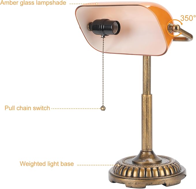 NISSAFORS Bankers Lamp, Amber Desk Lamp with Pull Switch, Vintage Table Lamps for Home Office, Library, Piano (Amber)