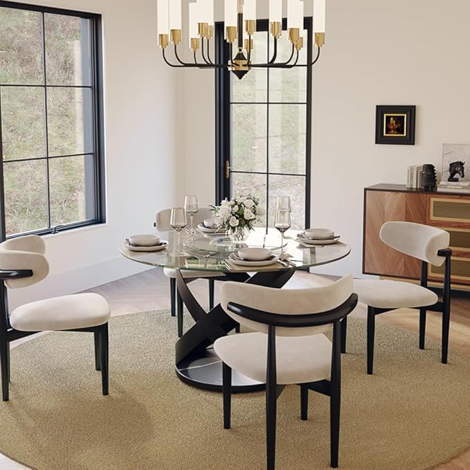 POVISON 51" Modern Round Dining Table with Lazy Susan, Glass Round Kitchen Table for 4, Tempered Glass Dining Room Table top with Black X Carbon Steel Base (Dining Table Only)