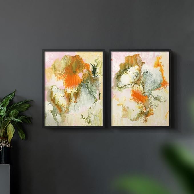Renditions Gallery Set of 2 Peel & Stick Framed Prints, Modern Abstract Wall Art, Mix Color Oil Paint Design Wall Decor, Re-Stickable - Ready to Hang - 8"x10" - Black Frame LT588