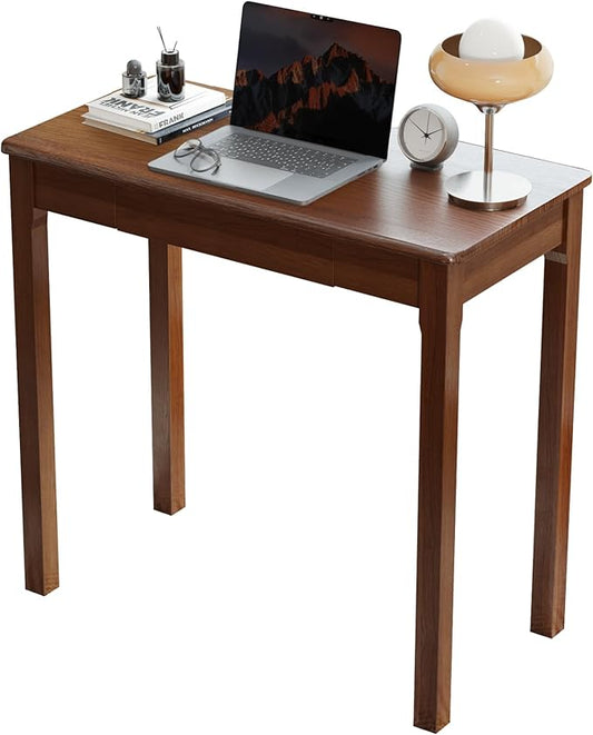 Solid Wood Desk with Drawers - 32 x 16 Inch Vintage Narrow Desks, Mid Century Modern Desks, Rubber Wood Study Table, Small Writing Desk for Bedroom|Small Spaces - Walnut Color