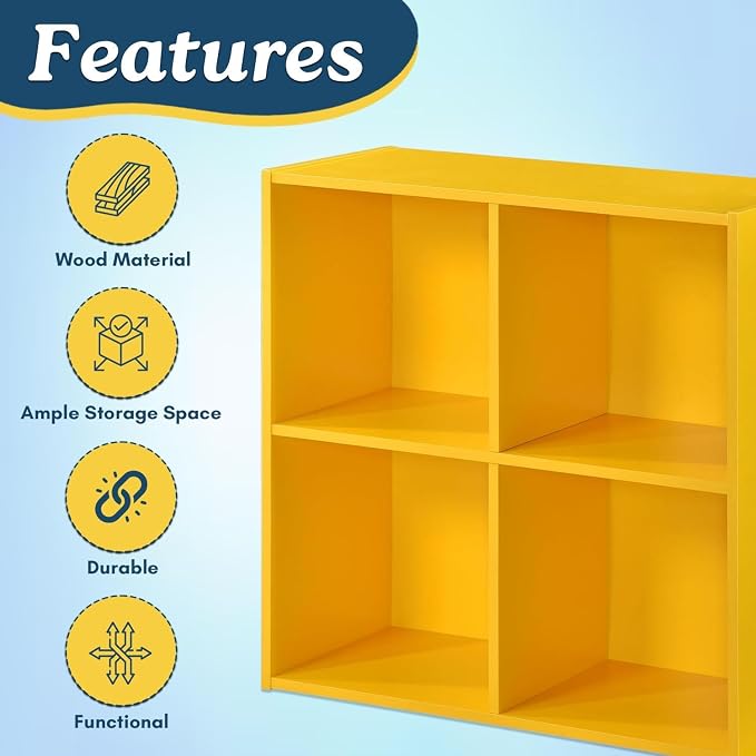 Kings Brand Furniture George 4-Cube Storage Organizer, 2-Tier Bookcase with Wood Shelves for Living Room, Bedroom, Nursery, or Home Office (Yellow, 2-Pack)