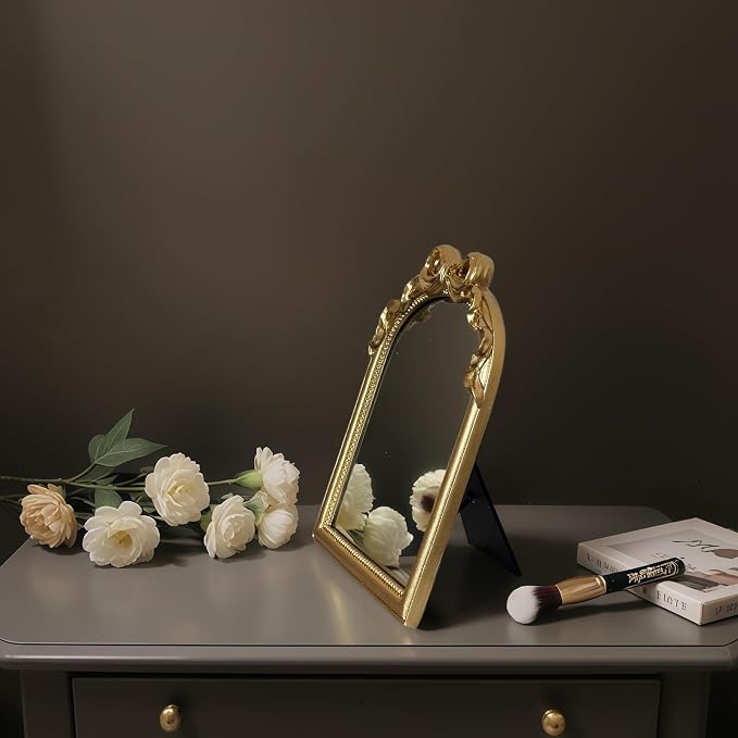 Vintage Vanity Desk Mirror - 13x10 Inch Wall-Mounted & Tabletop Decorative Ornate Gold Accent Retro Makeup Mirror for Bedroom Dresser Bathroom Living Room Dorm(Gold, 13" L x 10" W Bow)