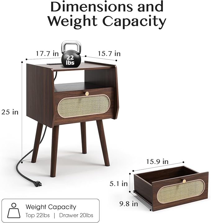 Nightstands Set of 2, Rattan Night Stand set 2 with Charging Station, Mid Century Modern Bedside Table with Drawer, Boho End Table with Solid Wood Legs, Bed Side Table for Bedroom, Small Space, Walnut