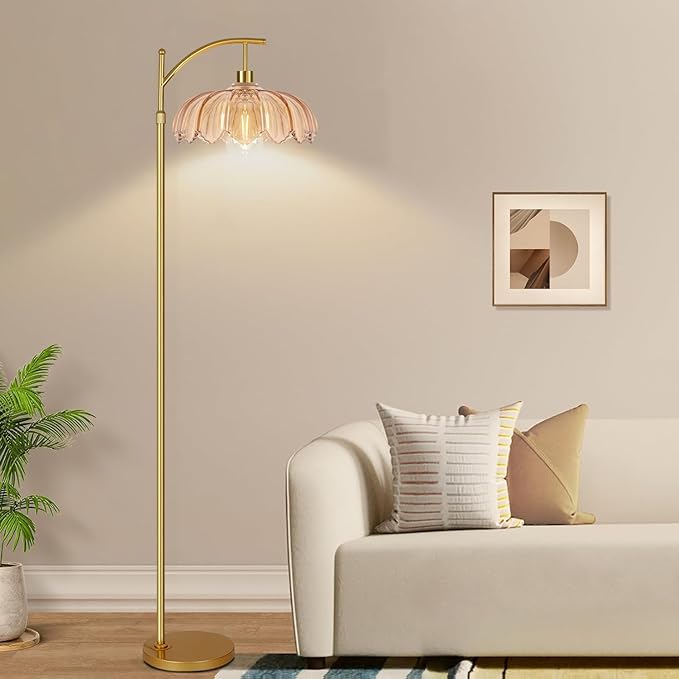 Gold Floor Lamp for Living Room,Bedroom,Mid Century Modern Standing Lamp with Remote,Dimmable Brass Tall Lamp Amber Glass Lamp Vintage Retro Arc Floor Lamps Flower Floor Light Boho Bohemian