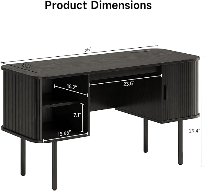 55 Inch Fluted Computer Desk with Power Outlets,Mid Century Wood Office Desk with Storge Cabinets & Sliding Door,Large Executive Desk for Office, Study, Living Room, Bedroom, Black