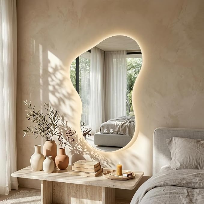 24×36 Irregular Backlit Mirror Asymmetrical Bathroom Mirror with Lights LED Dimmable Mirror for Bathroom Makeup Area
