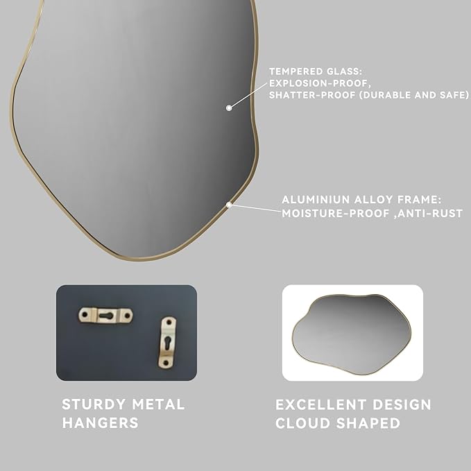 41"x28" Irregular Wall Mirror Cloud Asymmetrical Shaped Gold Aluminum Alloy Framed Mirror for Living Room Bathroom Bedroom Entryway Fireplace