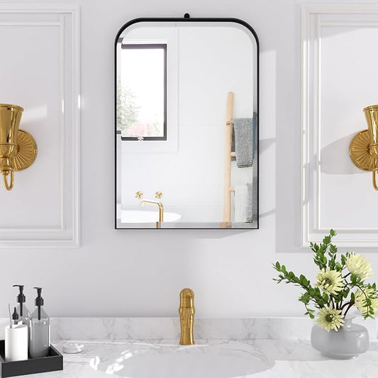 POZINO Beveled Oblong Mirror, 20"x30" Rectangle Rounded Mirror for Over Sink, Modern Black Bathroom Mirrors with Stainless Steel Frame, Vanity Wall Mirrors for Bedroom Living Room Entryway Fireplace