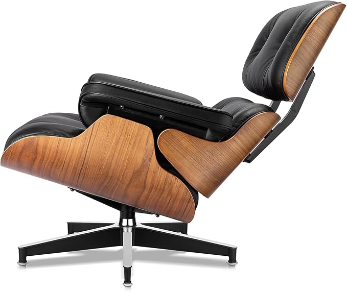 Mid Century Chaise Lounge Chair and Ottoman, Reading Chair, Leather Accent Chair, Modern Chair, Classic Design, Heavy Duty Base Support for Living Room Lounge Office (Walnut-Black, Tall)