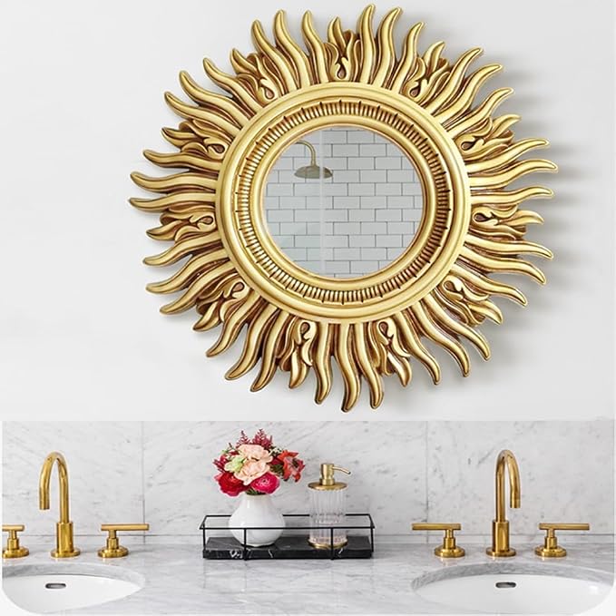 Round Sunburst Decorative Mirror, Wall-Mounted Vintage Entryway Mirror, Living Room Hanging Mirror, Bathroom Makeup Mirror (Color : 85cm/33, Size : Antique Gold)