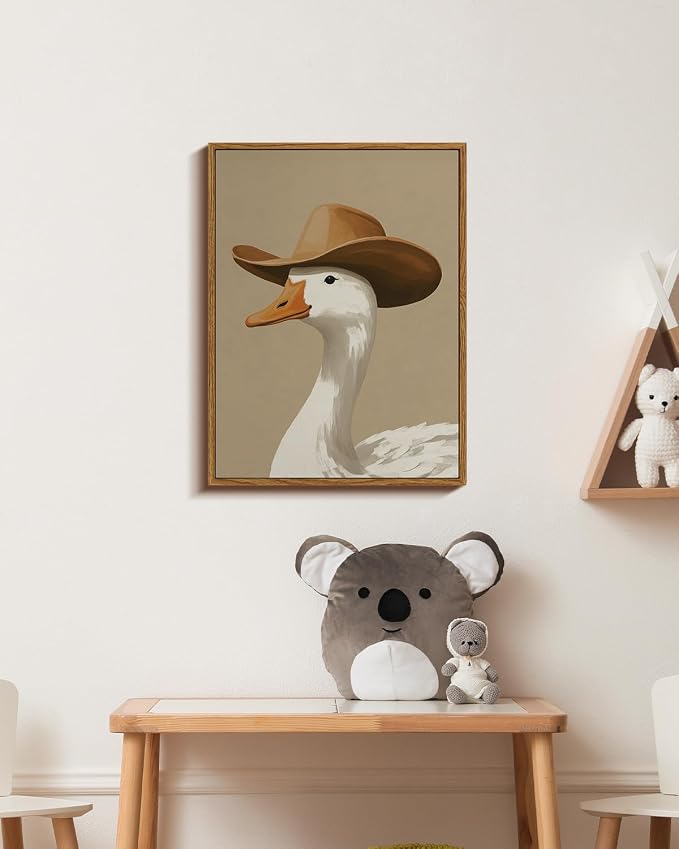 InSimSea Vintage Framed Wall Art, Cowboy Duck Canvas Print, Humorous Fun Art, Animal Oil Painting Wall Decor for Bathroom Bedroom Kitchen 12x16in