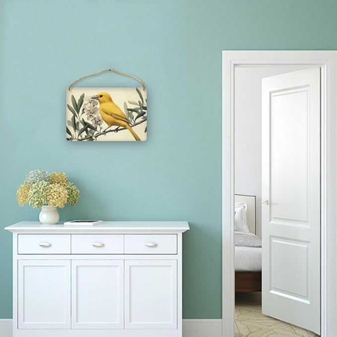 Artistic Retro Yellow Bird on Floral branches Wooden Wall Art, Botanical Home Decors for Vintage Lovers, 12x8 Inch Wood Sign to Add Charm to Your Study