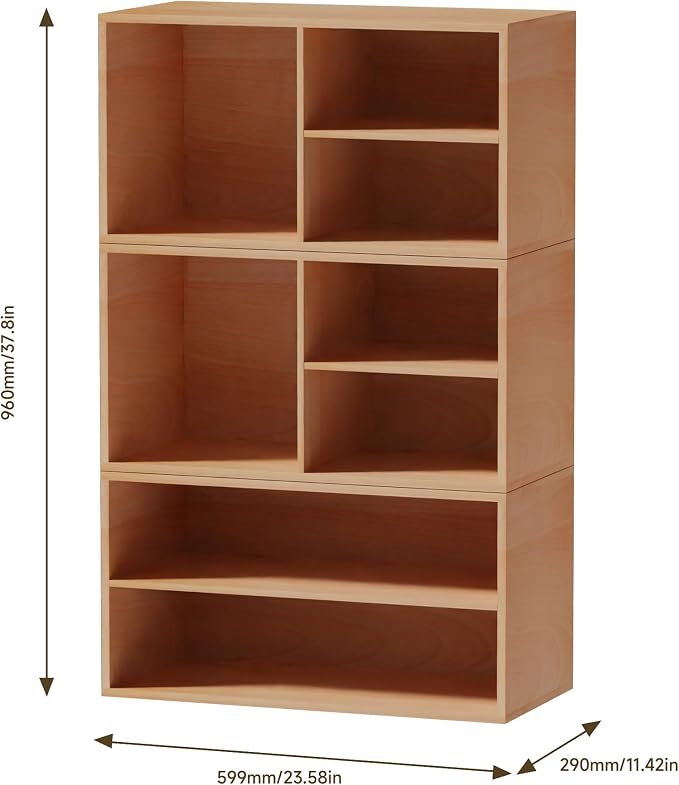 3 Cube Organizer Bookcase, Expandable Storage Shelves, Wooden Open Shelving Unit Book Shelf for Living Room, Office, Bedroom, Mid-Century Style Wood Furniture, Beech Color (1 Set)