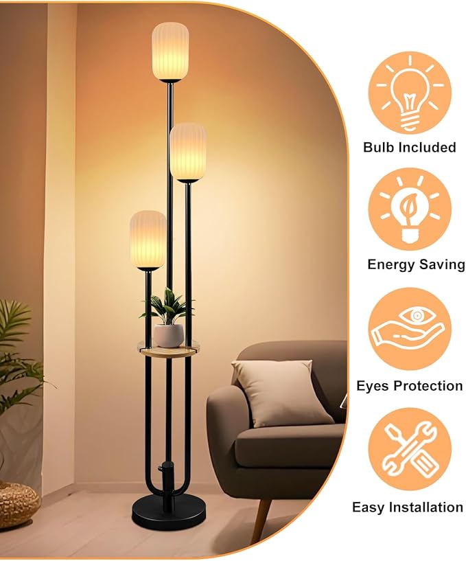 Lightdot Black Dimmable Floor Lamp with Shelf Modern Floor Lamps with Oval Striped Lampshade & Bulb Included 3-Lights Tall Lamp with 5Lbs Heavy Base for Living Room/Bedroom/Sofa Beside/Corner Decor