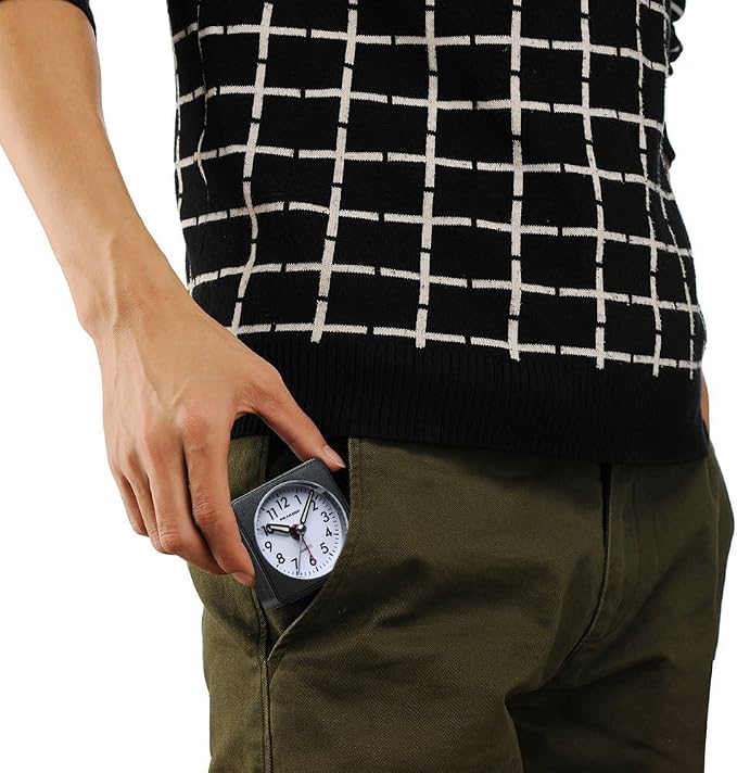 Peakeep Ultra Small, Battery Travel Alarm Clock with Snooze and Light, Silent with No Ticking Analog Quartz (Black)