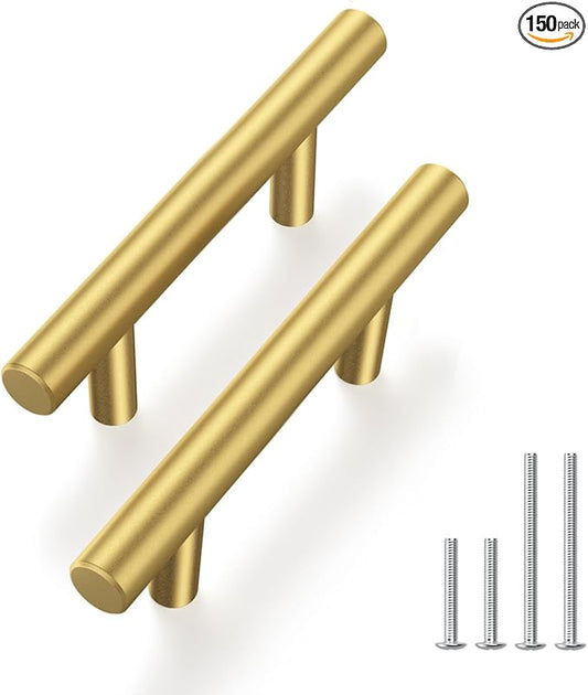 Haliwu 150 Pack Cabinet Handles Brass Gold Cabinet Pulls 2-1/2 Inch Hole Center Drawer Pulls Modern Bar Dresser Handles for Bathroom Kitchen Bedroom
