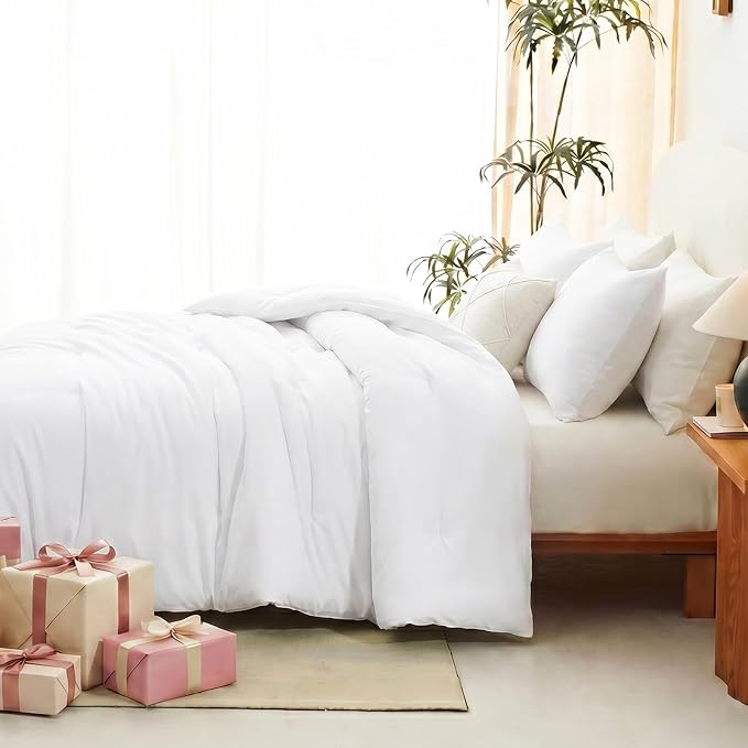 CozyLux California King Comforter Set White, 3 Pieces Cal King Lightweight Down Alternative Quilted Bedding Sets, All Season Soft Breathable Solid Comforter with 2 Pillowcases, Bed Set Gift for Home