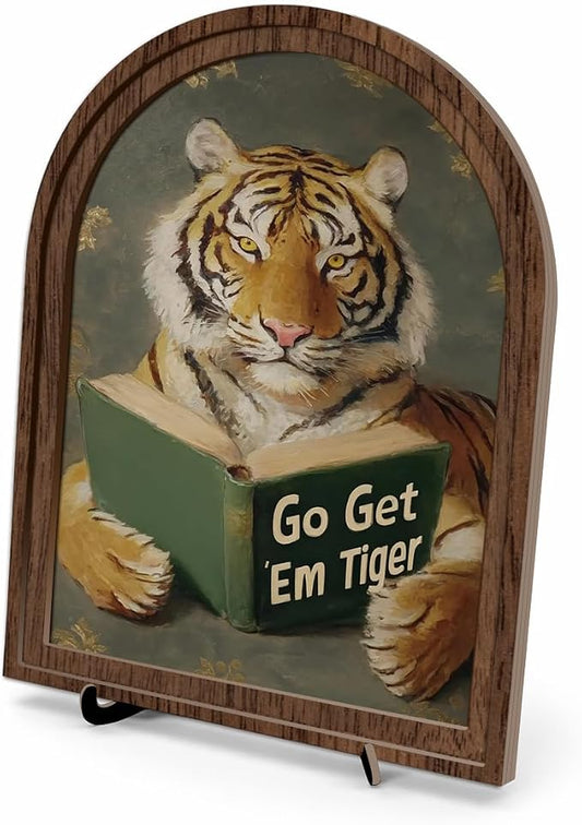 Wooden Tabletop Decor Funny Reading Tiger Art for Bookshelf Desk Shelf, Rustic Arched Wooden Frame with Stand Decor, Home Office Decorative Accent for Animal Lovers