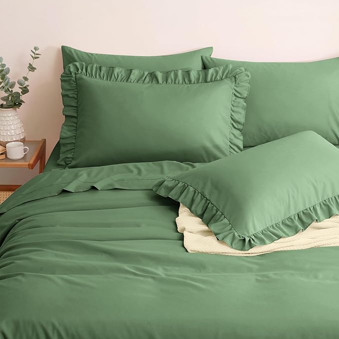 Horbaunal Sage Green Ruffle Sheets Queen Size 6 Piece, Fits 16" Deep Mattress, Microfiber Green Queen Sheets with 2 Ruffled Pillowcases, Shabby Chic Queen Bed Sheet Set