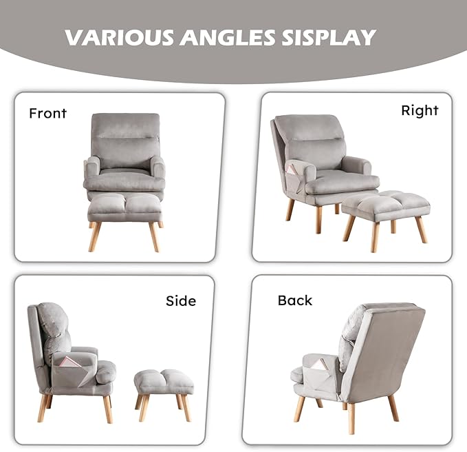 Accent Chair with Ottoman, Velvet Fabric Chair Armchair with Adjustable Backrest and Side Pockets, Mid Century Arm Chair with Ottoman for Living Room, Bedroom, Teen Room, Light Grey