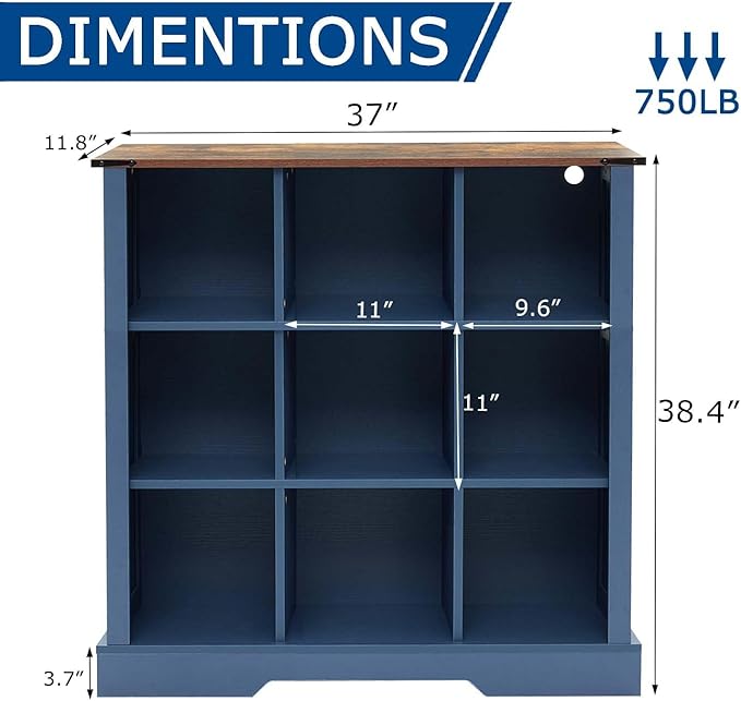 9 Cube Storage Organizer, 3 Tier Book Shelf with Led Lights, Farmhouse Book Shelves for Living Room, Horizontal Toy Storage Bookshelf, Wood Display Bookcase Cabinet for Bedroom, Office, Blue