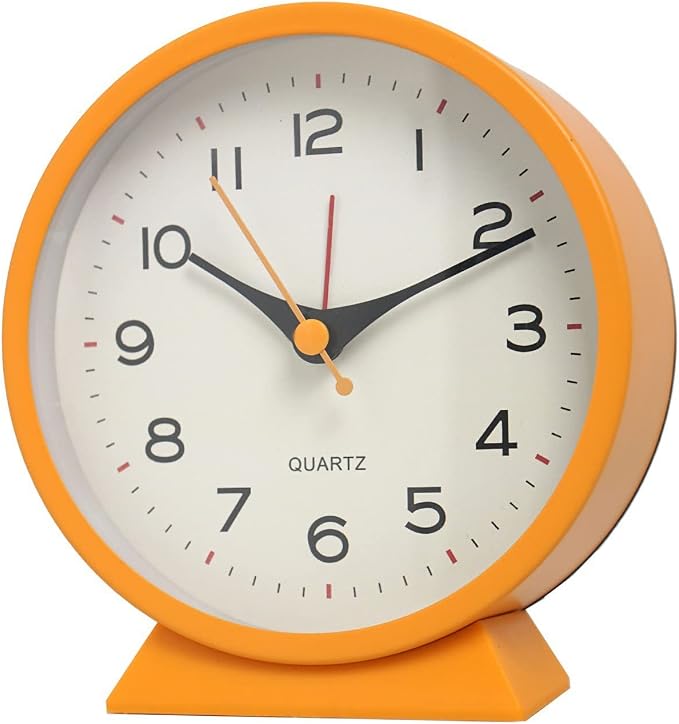 SHISEDECO 4.5" Battery Operated Antique Retro Analog Alarm Clock, Small Silent Bedside Deskclock with Light Function, Non-Ticking Tableclock Decor for Living Room, Bedroom, Bedside, Shelf (Orange)