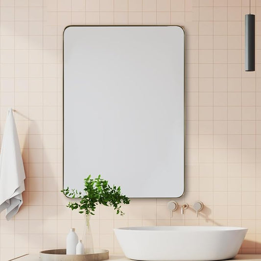 ANDY STAR Wall Mirror for Bathroom with Stainless Steel Metal Frame, 30"x40"Rectangle Rounded Corner Frame, Brushed Gold Finish
