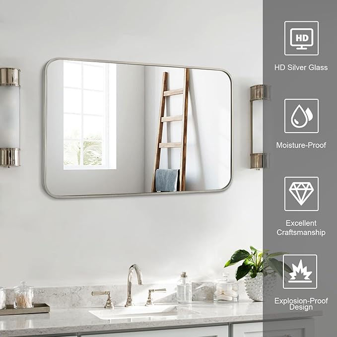 Bathroom Mirror Brushed Nickel, 30 x 48 Inch Metal Frame Rectangle Mirror Rounded Silver Modern Vanity Mirror Anti-Rust for Bathroom, Farmhouse Wall Mounted Vertically/Horizontally