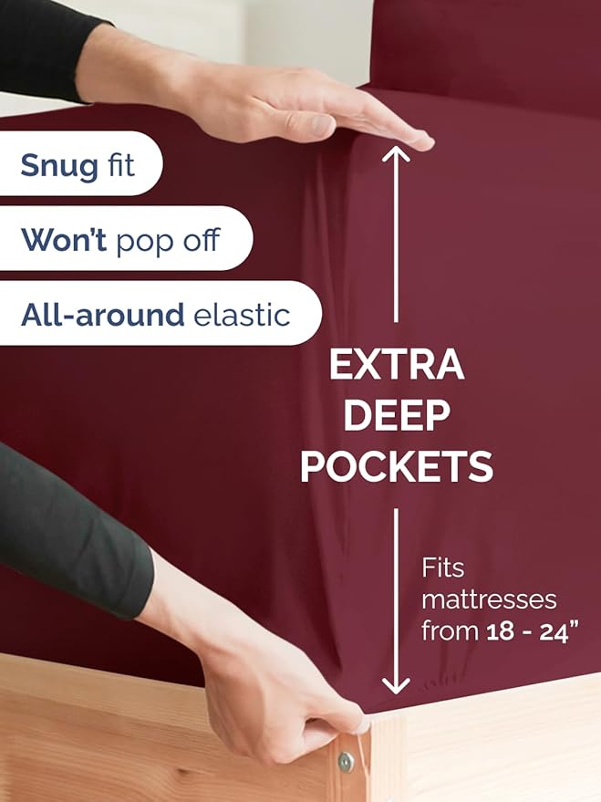 Extra Deep Full Sheet Set - 6 Piece Breathable and Cooling Sheets - Hotel Luxury Bedding for Women, Men, Kids & Teens - Easy & Secure Fit - Soft, Wrinkle Free and Comfy - Extra Deep Pockets - Burgundy