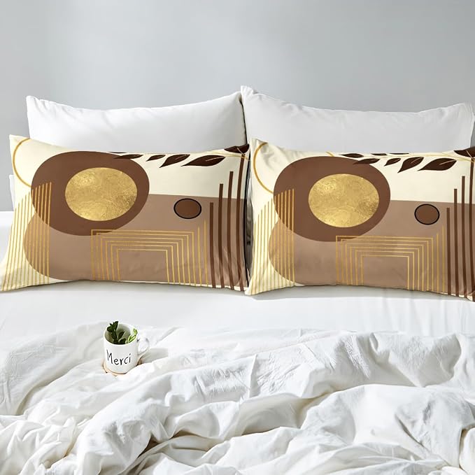 Erosebridal Mid Century Modern Queen Comforter Cover Brown Abstract Boho Duvet Cover Minimalist Aesthetic Neutral Bed Set Botanical Leaves Simple Bedding Set