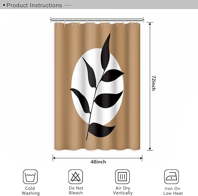 Abstract Bohemian Bathroom Shower Curtain - White Circle Eucalyptus Leaves Boho Tan With Hooks, Waterproof Polyester for Modern Aesthetics Home Decor, 48x72 Inch