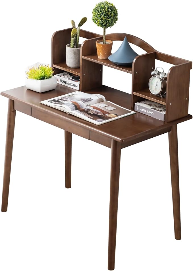 Solid Wood Desk with Drawers, Wooden Computer Desk for Home Office, Gaming Study Desk for Small Spaces, Writing Work Desk for Bedroom,Easy Assembly (Walnut Color 40 inch)