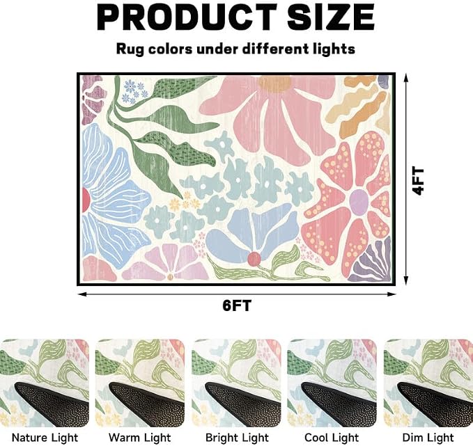 Floral Area Rug Modern Abstract Rug Pastel Flower Print Carpet Colorful Bohemian Plant Rugs for Bedroom Living Room Nursery Kitchen Playroom Home Decor,4'x6'