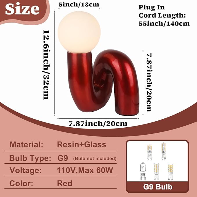 Bauhaus Red Table Lamp Modern Globe Glass Table Light with Glass Shade Resin Aesthetics Light Fixtures for Bedside Bedroom Living Room Kid’s Room Corner Office Cafe