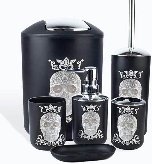 Halloween Bathroom Accessories Set 6 Piece Plastic Bathroom Ensemble Soap Dispenser Toothbrush Holder Tumbler Soap Dish Trash Can Toilet Brush Holder for Decorative Countertop Housewarming Gift(Black)
