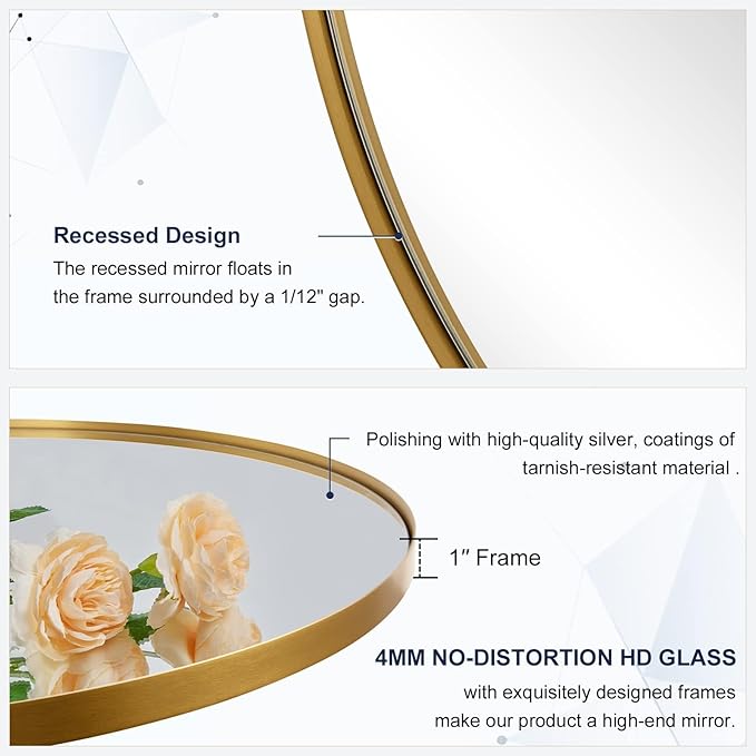 ANDY STAR Gold Round Mirror, 36’’ Brushed Gold Circle Bathroom Mirrors in Stainless Steel Metal Frame 1" Deep Set Design