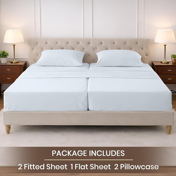 SGI Split King Sheet Set for Adjustable Bed Egyptian Premium Cotton 600 Thread Count Sheets for Sleep Number Bed 15" Deep Pocket 5 Pc Set with 2 Twin XL Fitted Sheets Soft Breathable -Light Blue