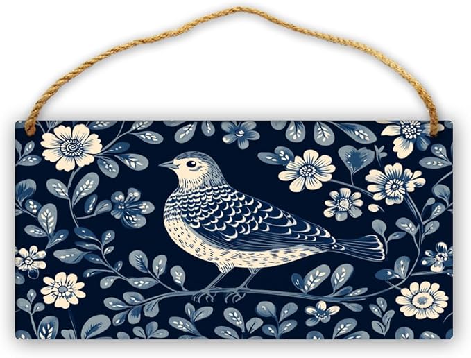 Retro Bird in Blue Floral Garden Wooden Print, 12x6 Inch Nostalgic Wood Decors for Mid-Century Modern Enthusiasts & Floral Fans, Add a Touch of Classic Charm to Your Home Office