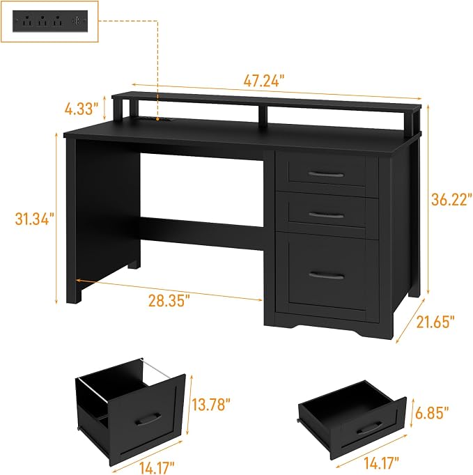 Vabches 47" Farmhouse Executive Desk with Monitor Stand & File Cabinet,3 Drawers Computer Desk with LED Lights and Power Outlets,Workstation for Home Office, Study,Writing.Pure Black