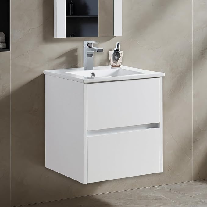 Blossom 20 Inches Single Bathroom Vanity with Ceramic Sink, All Wood Floating Vanity with Sink, Bathroom Cabinet with Soft Close Drawer, Modern Vanities with Storage, Glossy White