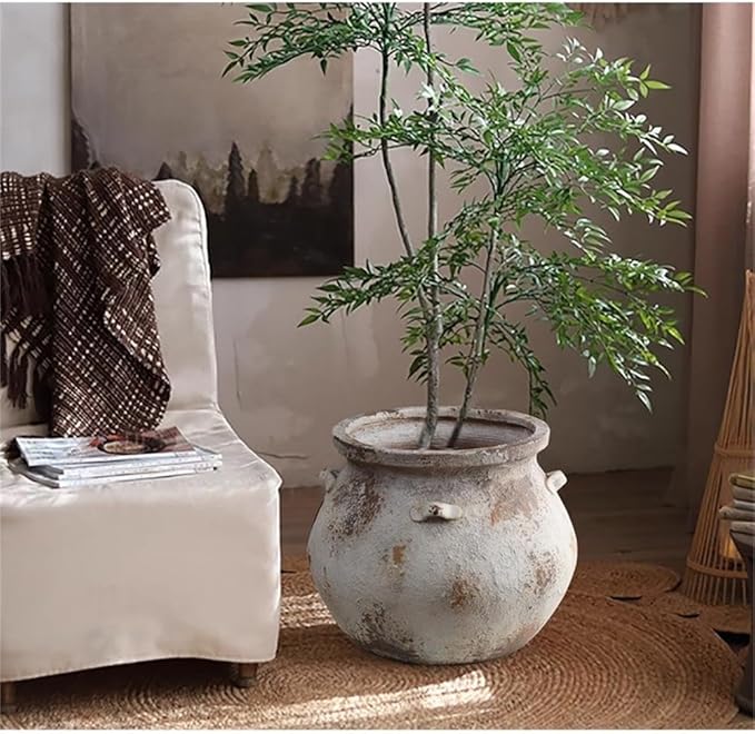 LuxenHome 15'' Dia Round Large Plant Pots, Off White Indoor Outdoor Planters with Drainage Holes, Rustic Distressed Flower Pot for Plants, Handmade Concrete Planter Pot for Home Patio Garden