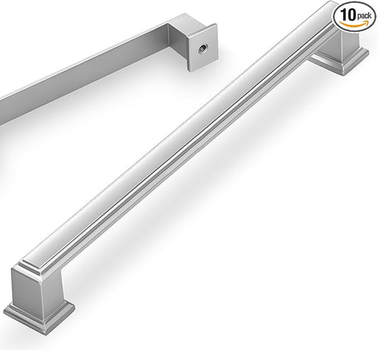 Lardmon 10 Pack 10 Inch(254mm) Hole Center Satin Nickel Modern Cabinet Pulls Kitchen Cabinet Handles Kitchen Cabinet Hardware Timeless Drawer Pulls for Dresser Cupboard Wardrobe, Nickel-B(10x10)