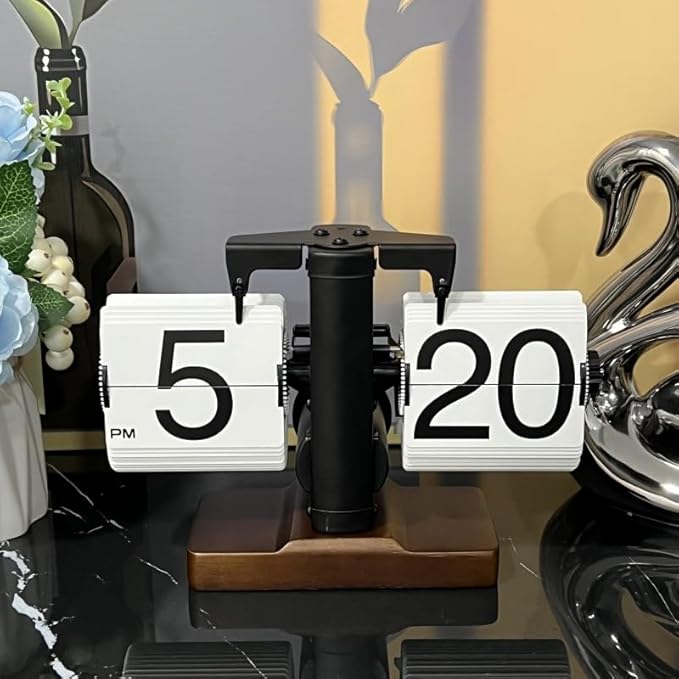 FOSA Flip Desk Clock, Retro Vintage Mechanical Flip Clock with Large Numbers, Silent Desk Table Clock with Wood Base for Home Office Desk Decor Living Room Study Room (Black)