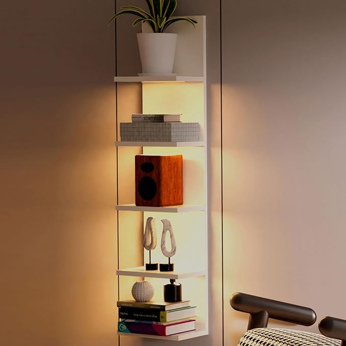 Homaterial 5 Tier Wall Shelf with Light, White Modern Vertical Lack Wall Shelves, Wall Mount, Floating Column Home Decor Shelves for Bedroom, Living Room, Vanity Storage Display