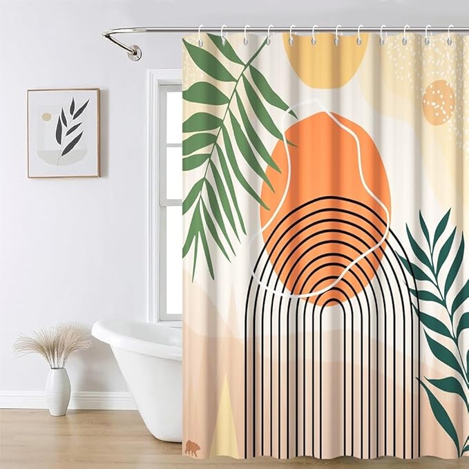 Modern Boho Shower Curtain for Bathroom Abstract Minimalist Bathroom Decor Set Green Leaves Arch Stripes Orange Sun Bathtub Curtains Machine Washable Waterproof Polyester Fabric with Hooks 69x70 Inch