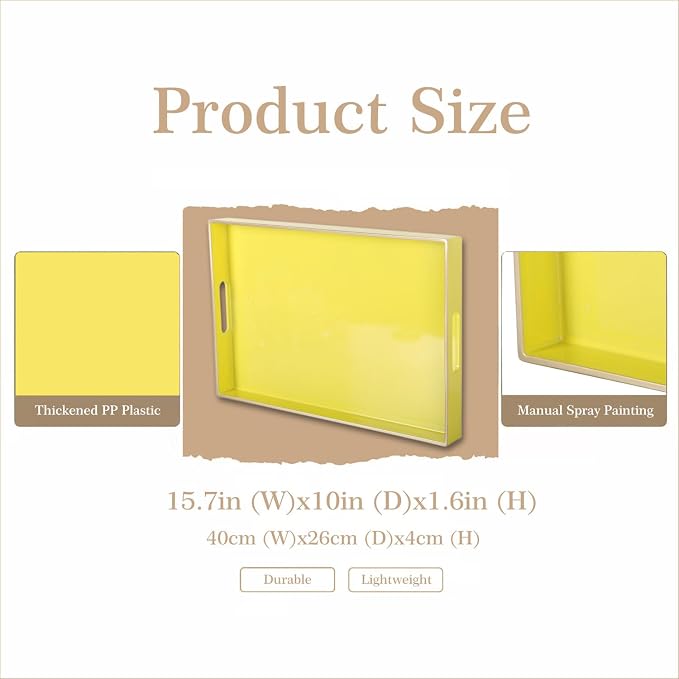 Decorative Plastic Serving Tray with Handles, Modern Vanity Organizer for Bathroom, Kitchen, Ottoman and Coffee Table (Yellow, Rectangular)