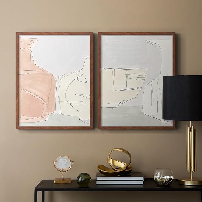 Renditions Gallery Set of 2 Peel & Stick Framed Prints, Neutral Abstract Wall Art, Soft Tones Delicate Linework Wall Decor, Re-Stickable - Ready to Hang - 11"x14" - Walnut Frame LT588